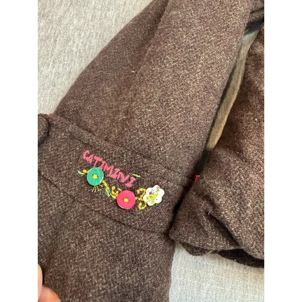 Catimini Girls Brown Wool Blend Pea Coat Floral Embroidery Tweed Jacket Size‎ 8